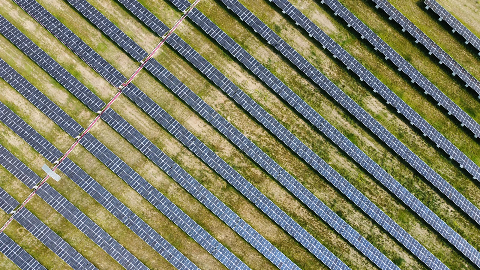 Drone photograph of solar panels across a field near Calgary
