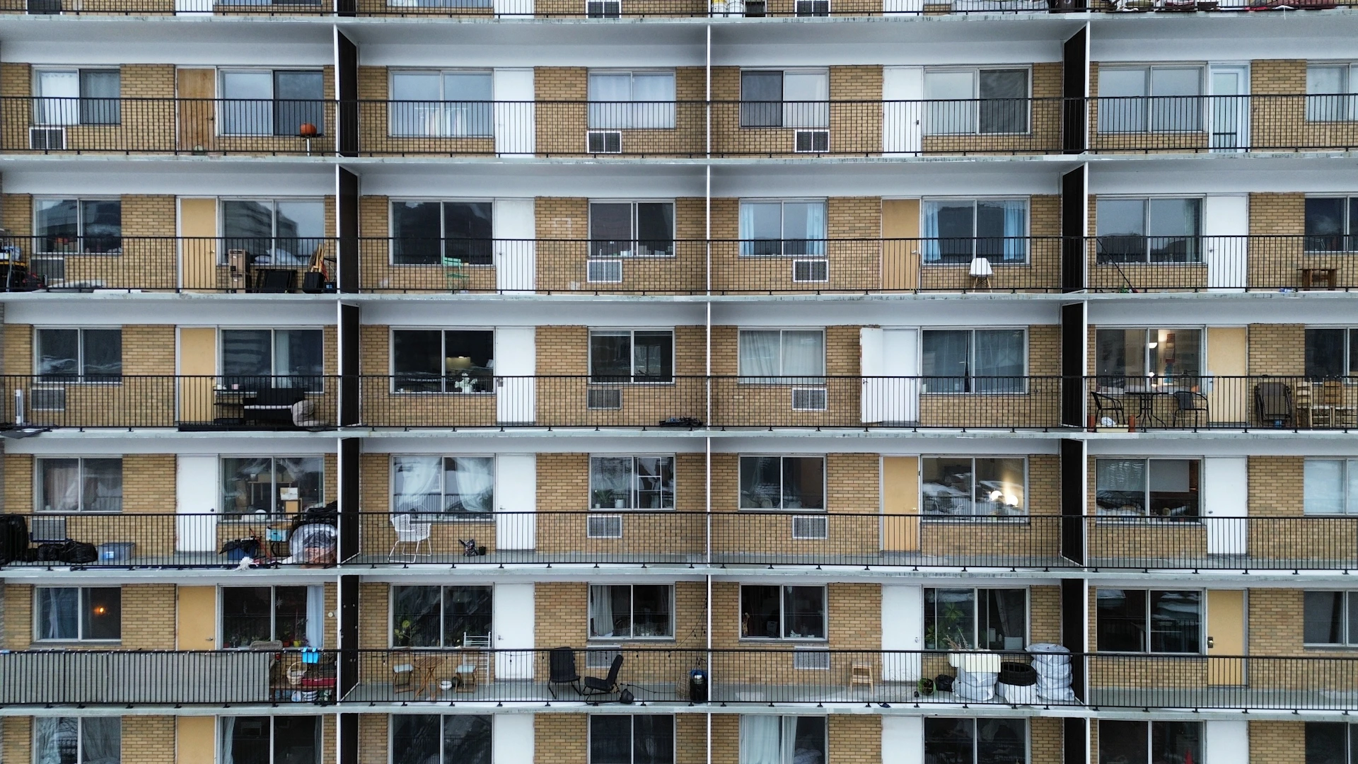 Drone photograph of residential balconies in Montreal